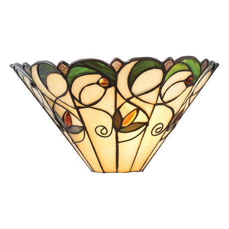 Larncombe Tiffany wall light with multicoloured leaded glass shade in green, cream and amber set in a dark metal frame, on a white background.