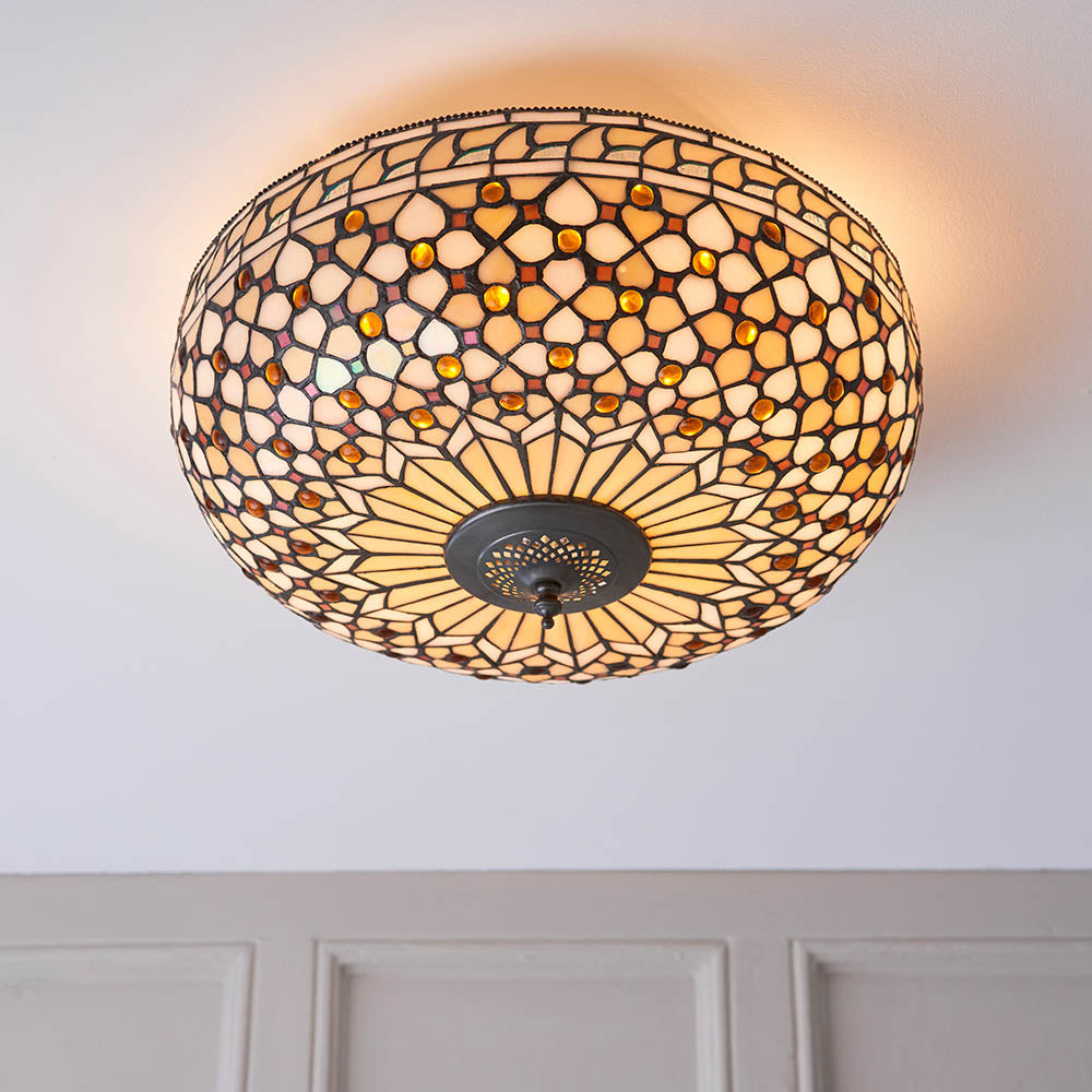 Ravenstead Large 2 Light Tiffany Flush Ceiling Light - Multicoloured