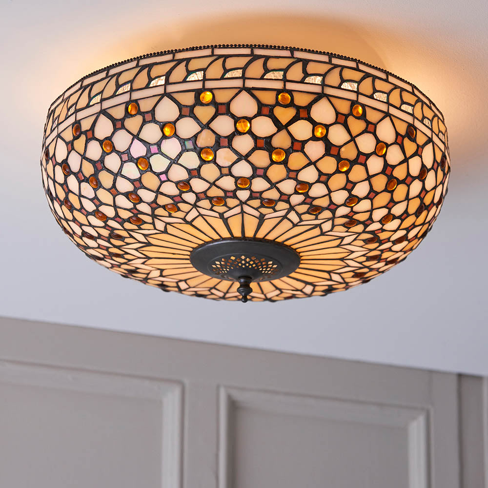 Ravenstead Large 2 Light Tiffany Flush Ceiling Light - Multicoloured