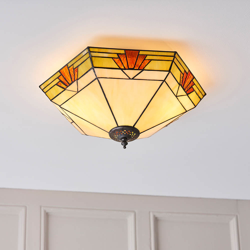 Willowmere Large 2 Light Tiffany Flush Ceiling Light - Multicoloured