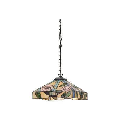 Tiffany Thornmere Medium pendant light with a square multicoloured leaded glass shade, floral panels and dark metalwork on a chain, shown on white.