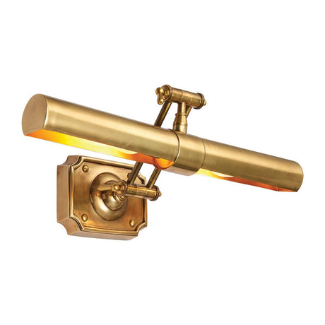 Interiors 1900 Larchdale 51cm two-light picture wall light in solid antique brass with adjustable arms and tubular shade, shown on a white background.