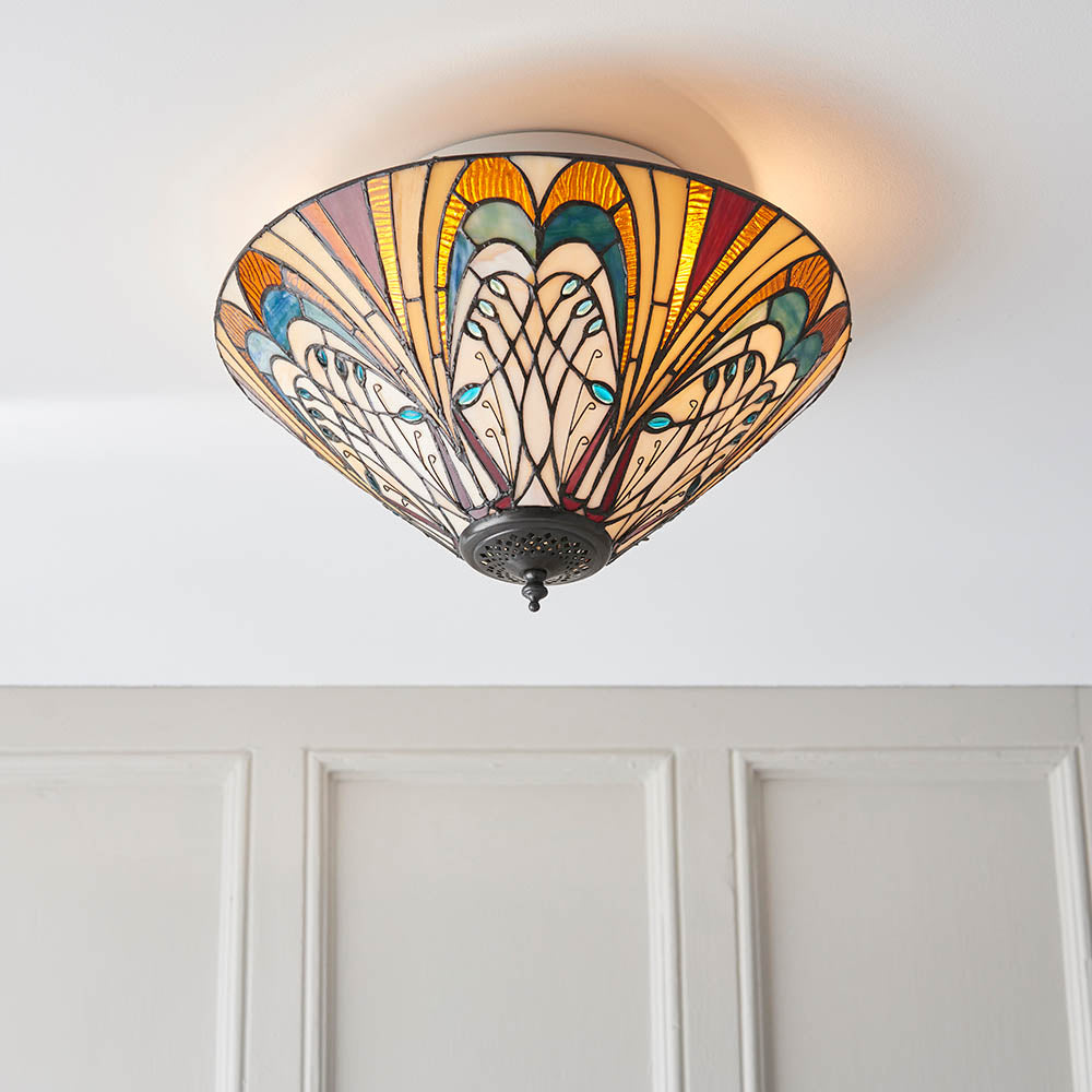 Elderford Medium 2 Light Tiffany Flush Ceiling Light - Multicoloured