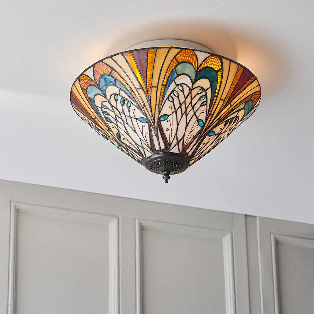 Elderford Medium 2 Light Tiffany Flush Ceiling Light - Multicoloured