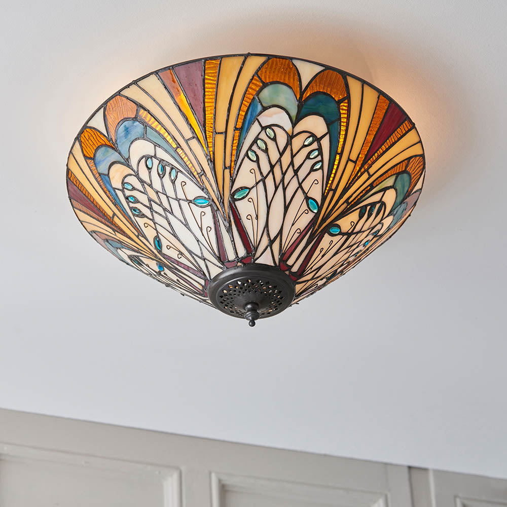 Elderford Medium 2 Light Tiffany Flush Ceiling Light - Multicoloured