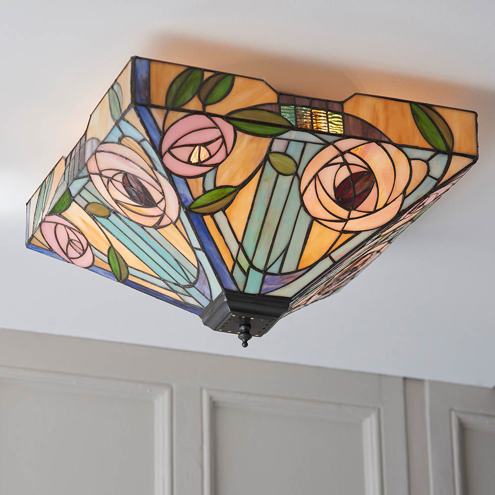 Thornmere Large 2 Light Tiffany Flush Ceiling Light - Multicoloured