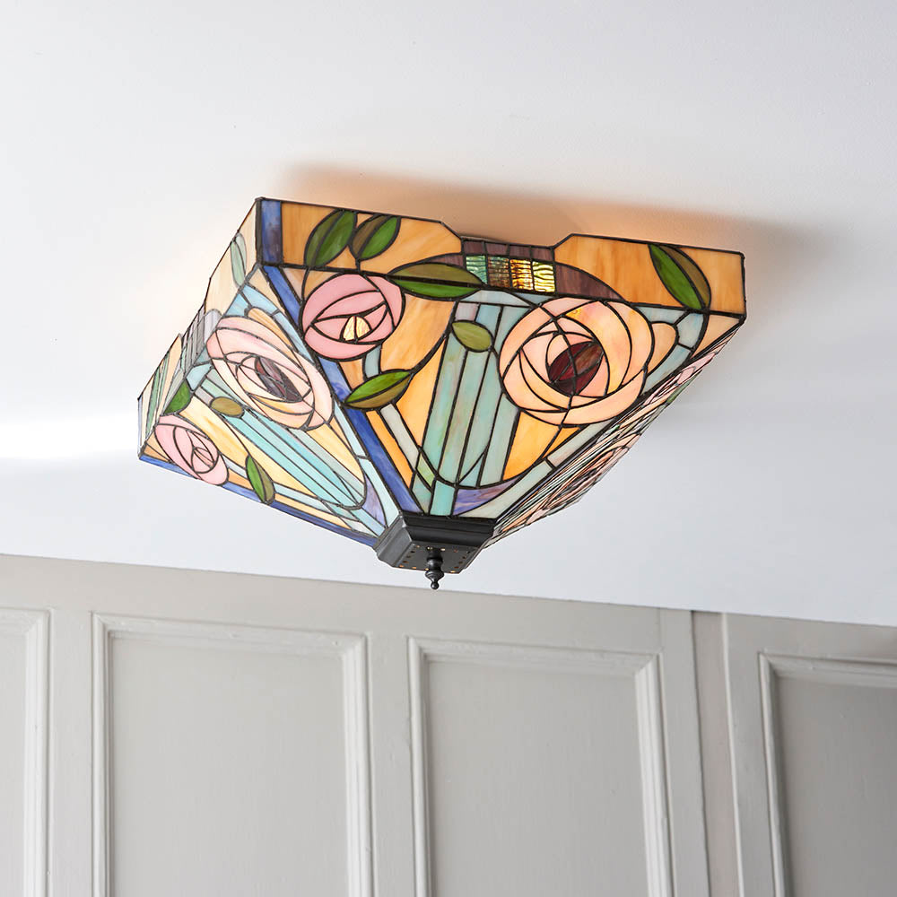 Thornmere Large 2 Light Tiffany Flush Ceiling Light - Multicoloured