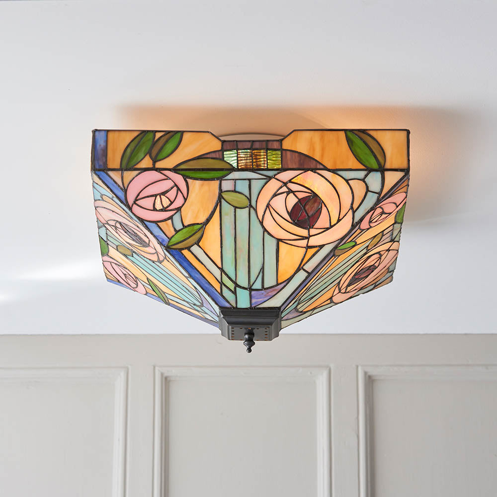 Thornmere Large 2 Light Tiffany Flush Ceiling Light - Multicoloured