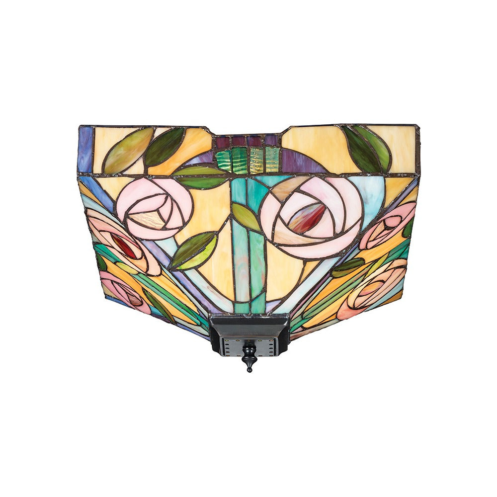 Tiffany Thornmere medium 2 light flush ceiling light with square leaded glass shade in multicoloured rose motif and dark metal fitting.