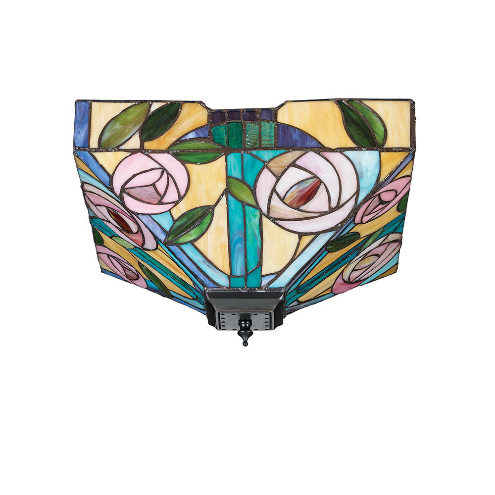 Tiffany Thornmere Medium 2 Light flush ceiling light with square multicoloured leaded glass shade featuring pink roses and green foliage on a white background.