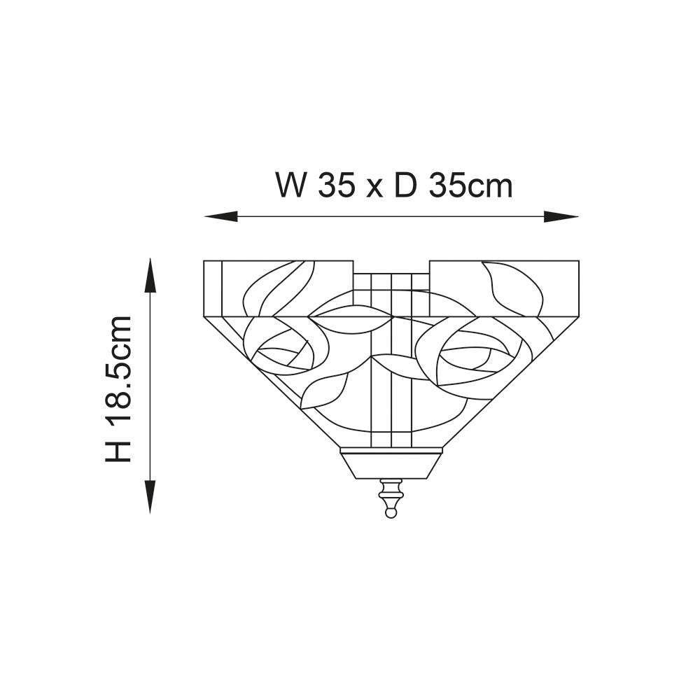 Dimension diagram of the Tiffany Thornmere Medium 2 Light flush ceiling light, showing 35cm width and depth with an 18.5cm height on a white background.