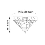 Dimension diagram of the Tiffany Thornmere Medium 2 Light flush ceiling light, showing 35cm width and depth with an 18.5cm height on a white background.