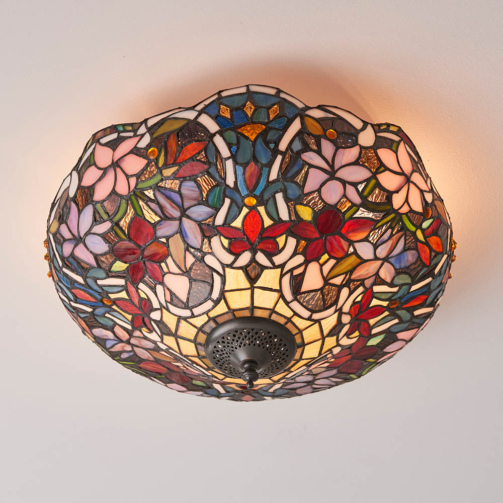 Sedgehurst Medium 2 Light Tiffany Flush Ceiling Light - Multicoloured