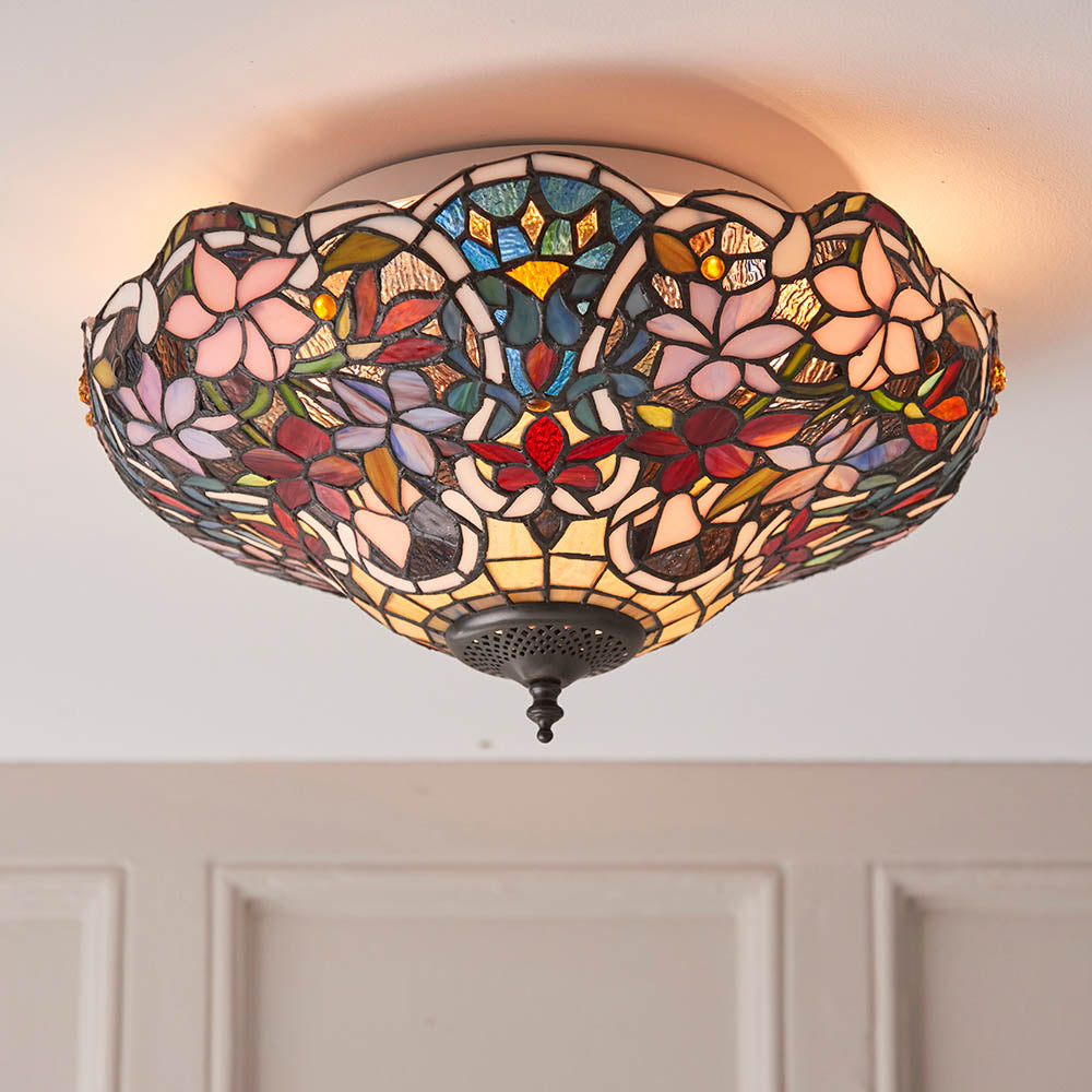 Sedgehurst Medium 2 Light Tiffany Flush Ceiling Light - Multicoloured