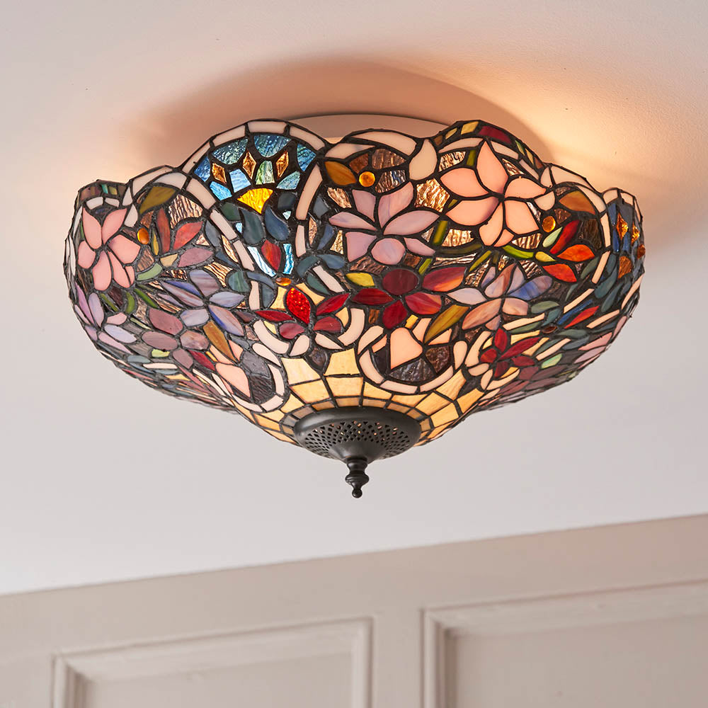 Sedgehurst Medium 2 Light Tiffany Flush Ceiling Light - Multicoloured