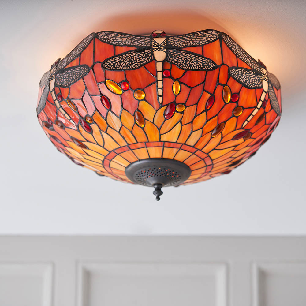 Alderworth Medium 2 Light Tiffany Flush Ceiling Light - Flame