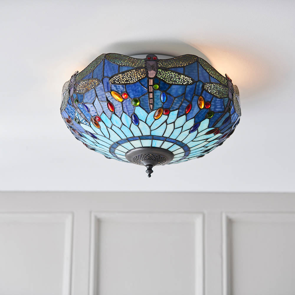 Alderworth Medium 2 Light Tiffany Flush Ceiling Light - Blue