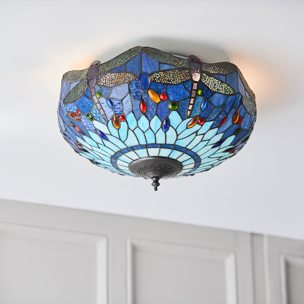 Alderworth Medium 2 Light Tiffany Flush Ceiling Light - Blue