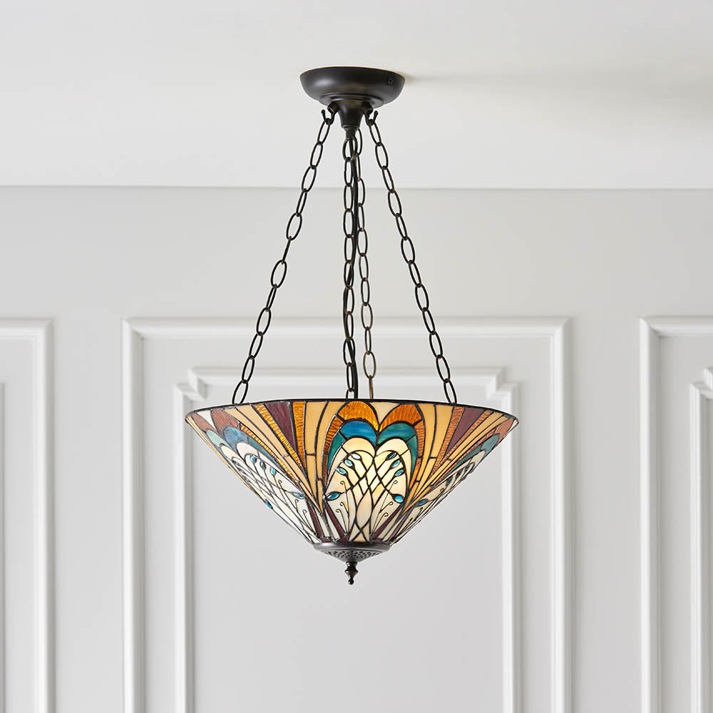 Elderford Medium 3 Light Tiffany Inverted Pendant - Multicoloured