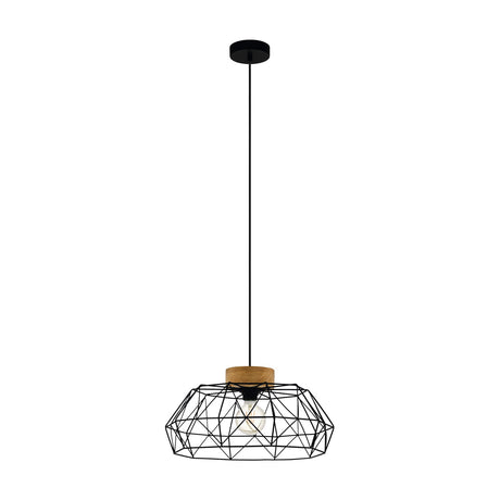 Sismanne Pendant Light in black steel wire with an open geometric cage shade and round wood collar, single E27 fitting, on a plain white background.