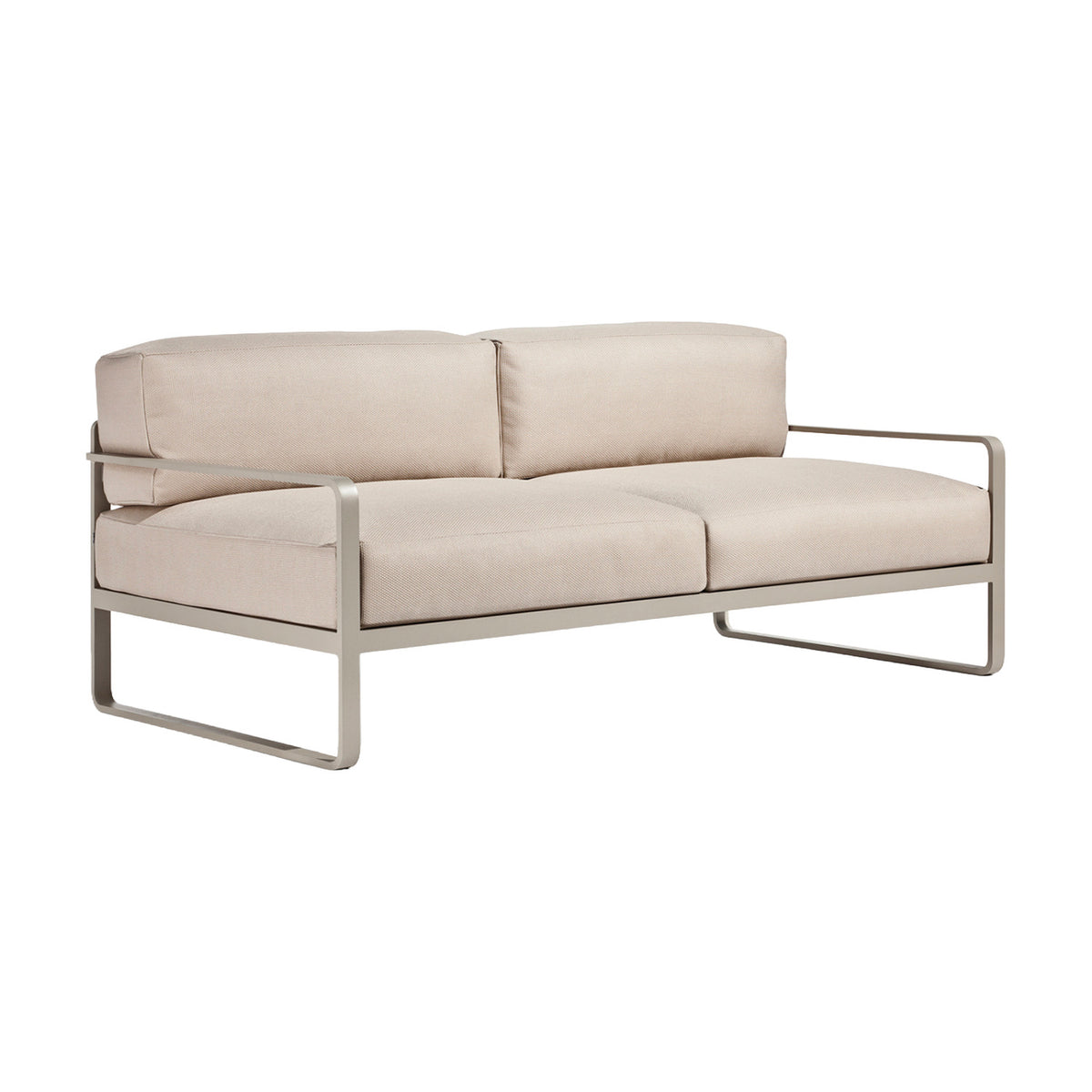 Sit Aluminium 2 Seater Garden Sofa with square aluminium frame, sled legs, flat arms, and beige seat and back cushions, shown on a plain white background.