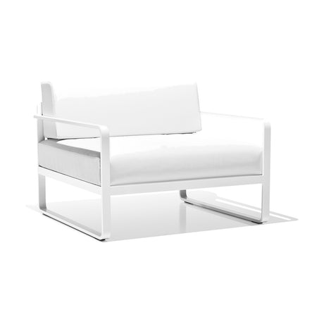 Sit Aluminium Garden Armchair with white powder-coated frame, squared arms, sled legs, and white cushions, shown against a plain white background.
