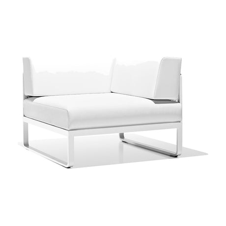 Sit Aluminium Garden Corner Sofa Left Module with white cushions, featuring an aluminium sled-leg frame, seat cushion and two back cushions, shown on a plain white background.