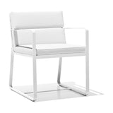 Sit aluminium garden dining armchair in white, square sled-leg frame with flat arms, shown with removable white seat and back cushions on a plain white background.