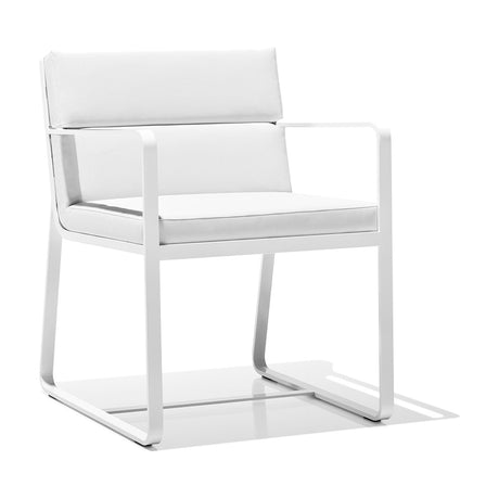 Sit aluminium garden dining armchair in white, square sled-leg frame with flat arms, shown with removable white seat and back cushions on a plain white background.