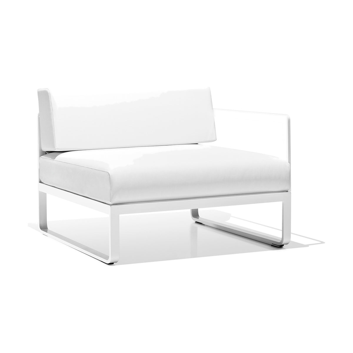Sit Aluminium Modular Garden Sofa left arm module in white, with a single right-side armrest, aluminium sled-leg frame, and white seat and back cushions, shown on a plain background.