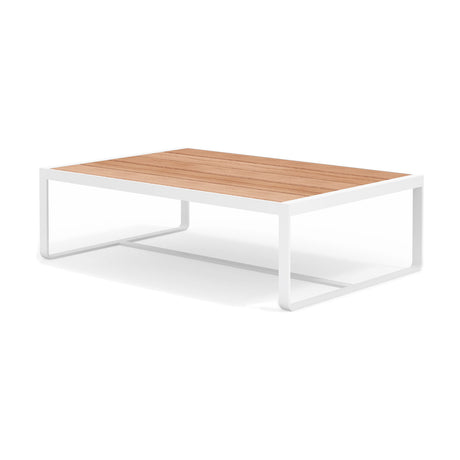 Sit Aluminium Outdoor Coffee Table, 120 x 80cm, rectangular with wood-effect slatted top and white sled-style aluminium frame, shown on a plain white background.