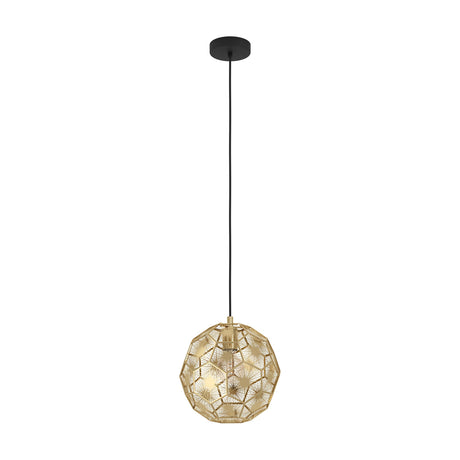 Skoura Pendant Light 30cm in Black & Brass, a single E27 fixture with a faceted steel ball shade on a black cable and ceiling canopy, shown on a plain white background.