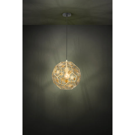 Skoura Pendant Light 41cm in black and brass, a faceted geometric ball shade with starburst wirework, hung from a black cable and ceiling canopy in a dark room setting.