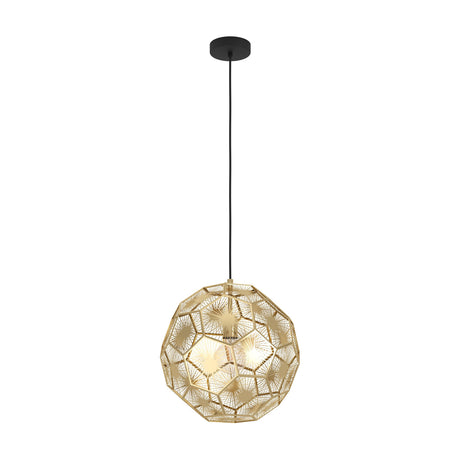 Skoura Pendant Light 41cm in black and brass, a faceted geometric ball shade with starburst wirework, suspended from a black cable and ceiling canopy on a white background.