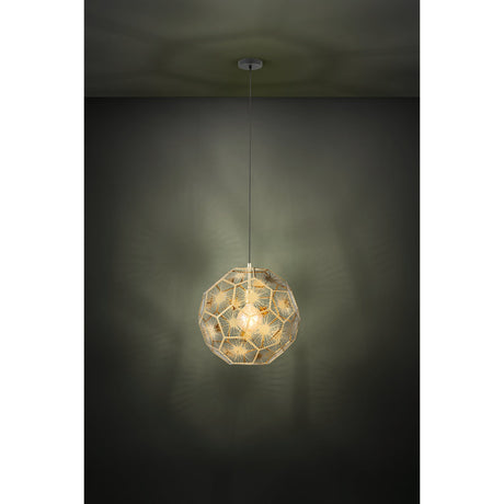 Skoura Pendant Light 50cm in black and brass, a spherical faceted steel shade with starburst wire detailing, suspended from a black cable against a dark grey room setting.