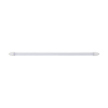 Slim LED flush ceiling light, 155cm, white plastic body with opal diffuser and end caps, shown on a plain white background.