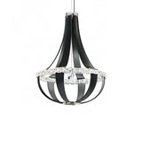 The Tessaro LED K9 Crystal & Leather Small Chandelier in Black features curved metal arms, a central crystal, and a ring of clear K9 crystals, all suspended by a single metallic cord for a striking modern look.