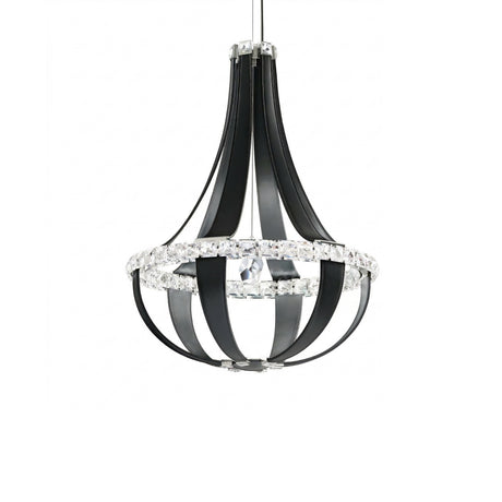 The Tessaro LED K9 Crystal & Leather Small Chandelier in Black features curved metal arms, a central crystal, and a ring of clear K9 crystals, all suspended by a single metallic cord for a striking modern look.