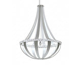 The Tessaro LED K9 Crystal & Leather Small Chandelier in grey features a modern teardrop design with curved silver bands, clear crystal accents, and hangs elegantly from a single cord for a contemporary touch.