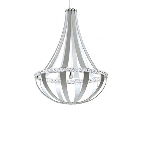 The Tessaro LED K9 Crystal & Leather Small Chandelier in grey features a modern teardrop design with curved silver bands, clear crystal accents, and hangs elegantly from a single cord for a contemporary touch.