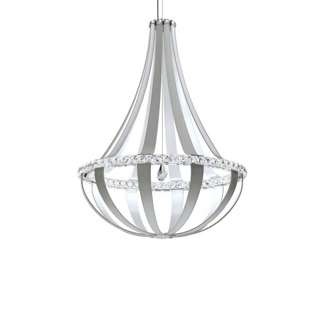 The Tessaro LED K9 Crystal & Leather Small Chandelier in grey features a modern teardrop design with curved silver bands, clear crystal accents, and hangs elegantly from a single cord for a contemporary touch.