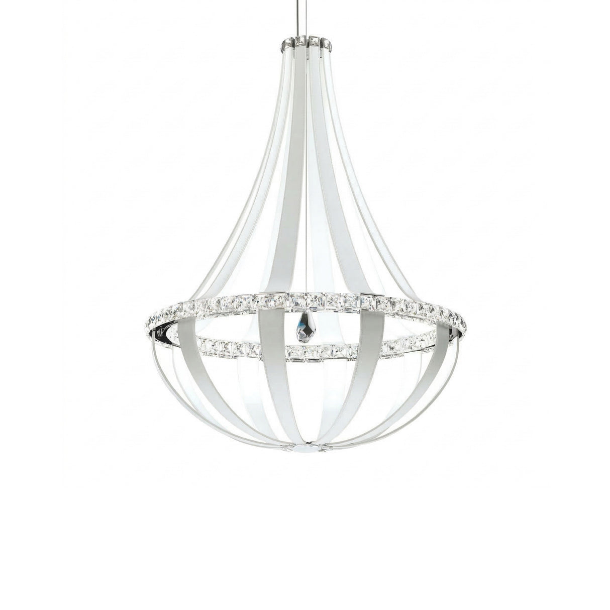 The Tessaro LED K9 Crystal & Leather Small Chandelier - White features a sleek teardrop design with white bands, K9 crystal accents, and modern LED lighting—an elegant addition to any contemporary space.