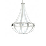 The Tessaro LED K9 Crystal & Leather Small Chandelier - White features a sleek teardrop design with white bands, K9 crystal accents, and modern LED lighting—an elegant addition to any contemporary space.