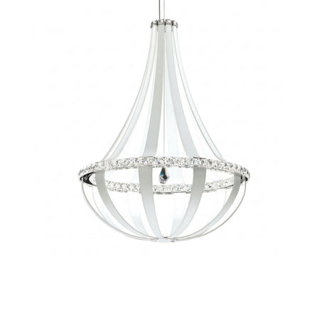 The Tessaro LED K9 Crystal & Leather Small Chandelier - White features a sleek teardrop design with white bands, K9 crystal accents, and modern LED lighting—an elegant addition to any contemporary space.