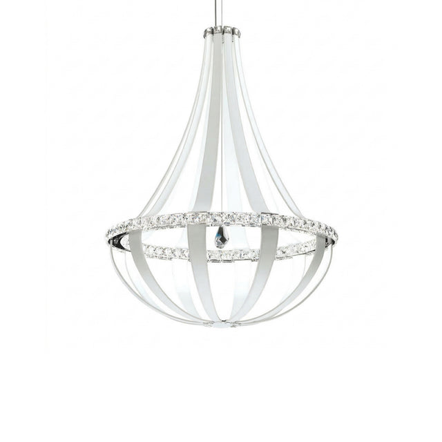 The Tessaro LED K9 Crystal & Leather Small Chandelier - White features a sleek teardrop design with white bands, K9 crystal accents, and modern LED lighting—an elegant addition to any contemporary space.