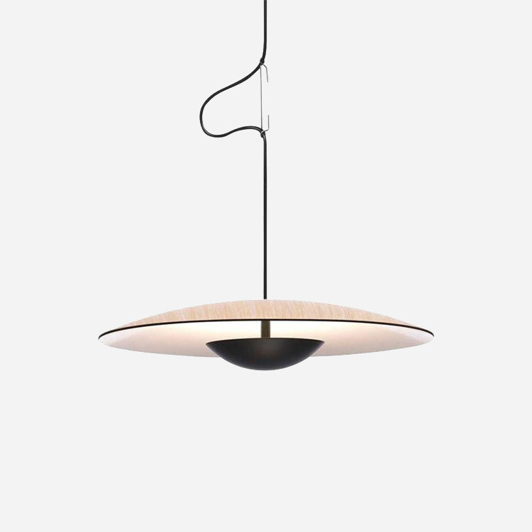 Presenting the Ginger LED Pendant Light - Black & Oak, an embodiment of minimalist elegance with its expansive, slim disc-shaped shade in a warm neutral tone. Its eco-friendly charm is highlighted by the contrasting black central dome, seamlessly suspended from a black cord against a simple white setting.