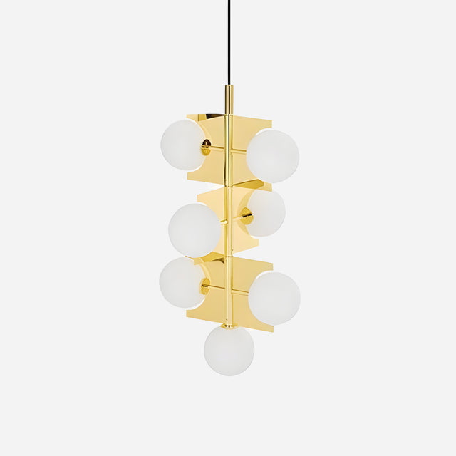 The Gatsby 7 Light Drop Suspension - Gold showcases a minimalist design with six round, white glass globes symmetrically attached to its gold structure, all suspended by a black cord. This elegant lighting piece creates a striking contrast against a plain white background.