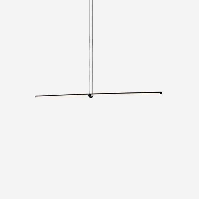 This contemporary lighting solution showcases the Minimo LED Small Bar Suspension Light - Black, featuring a sleek, horizontal bar design suspended by two slender, adjustable cables against a simple white backdrop.
