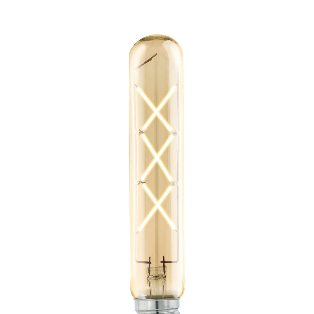 Tubular amber glass LED filament bulb with E27 screw cap, crossed X-shaped filaments lit warm white, shown against a plain white background.