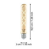 Tubular amber glass LED filament bulb with E27 screw cap, crossing X-shaped filaments, shown with dimensions 18.5cm height and 3cm width on a white background.